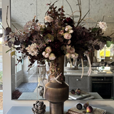 Eucalyptus, Rose and Ranunculus in a Ribbed Gold Metal Vase RTfact Flowers 