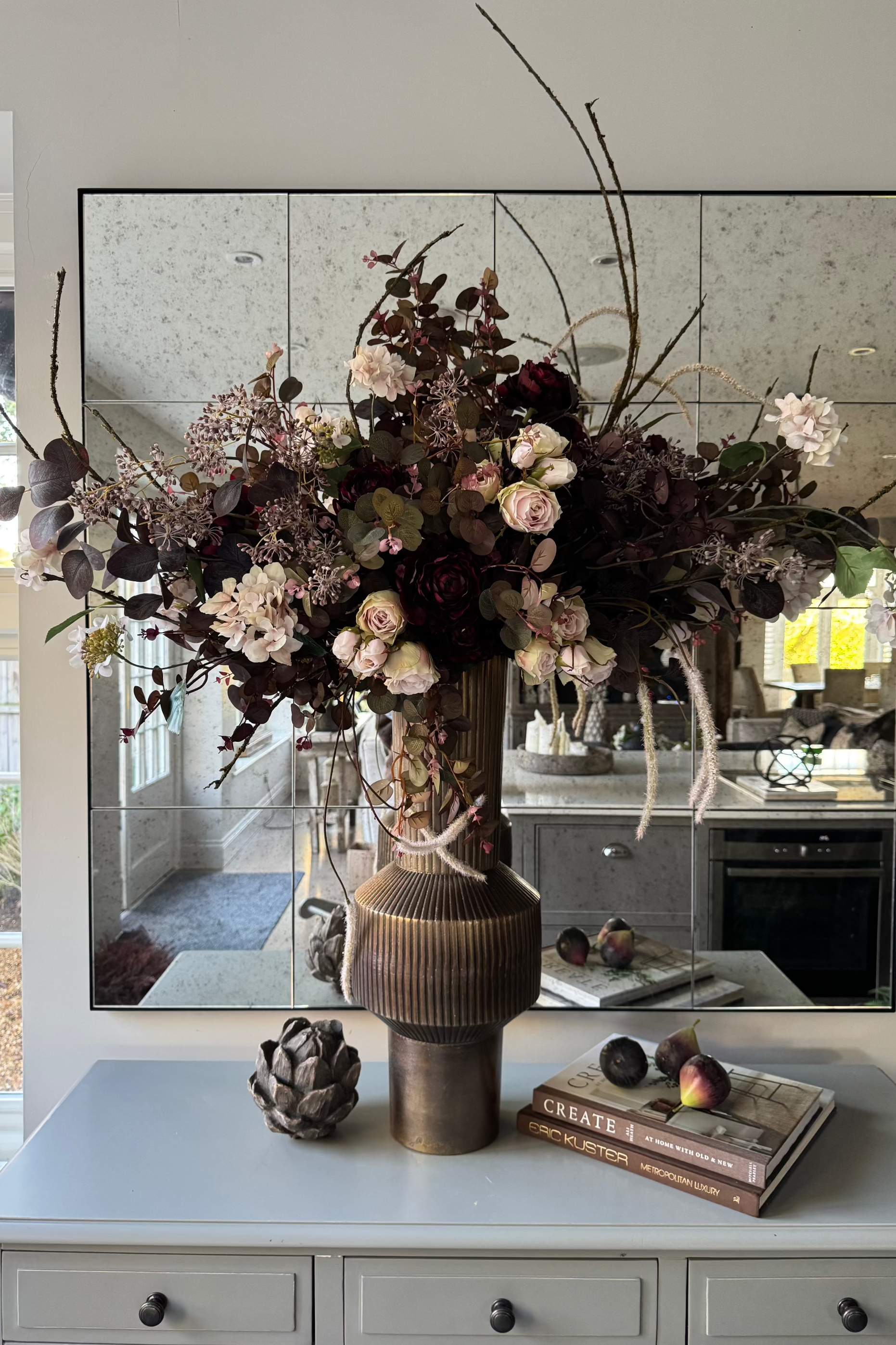 Eucalyptus, Rose and Ranunculus in a Ribbed Gold Metal Vase RTfact Flowers 