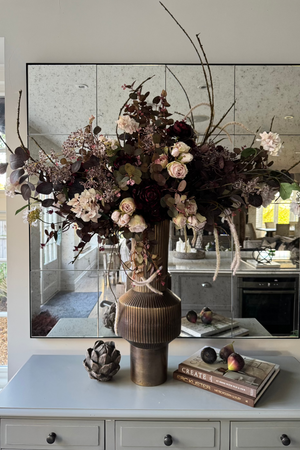 Eucalyptus, Rose and Ranunculus in a Ribbed Gold Metal Vase