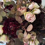 Eucalyptus, Rose and Ranunculus in a Ribbed Gold Metal Vase RTfact Flowers 