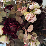 Eucalyptus, Rose and Ranunculus in a Ribbed Gold Metal Vase RTfact Flowers 