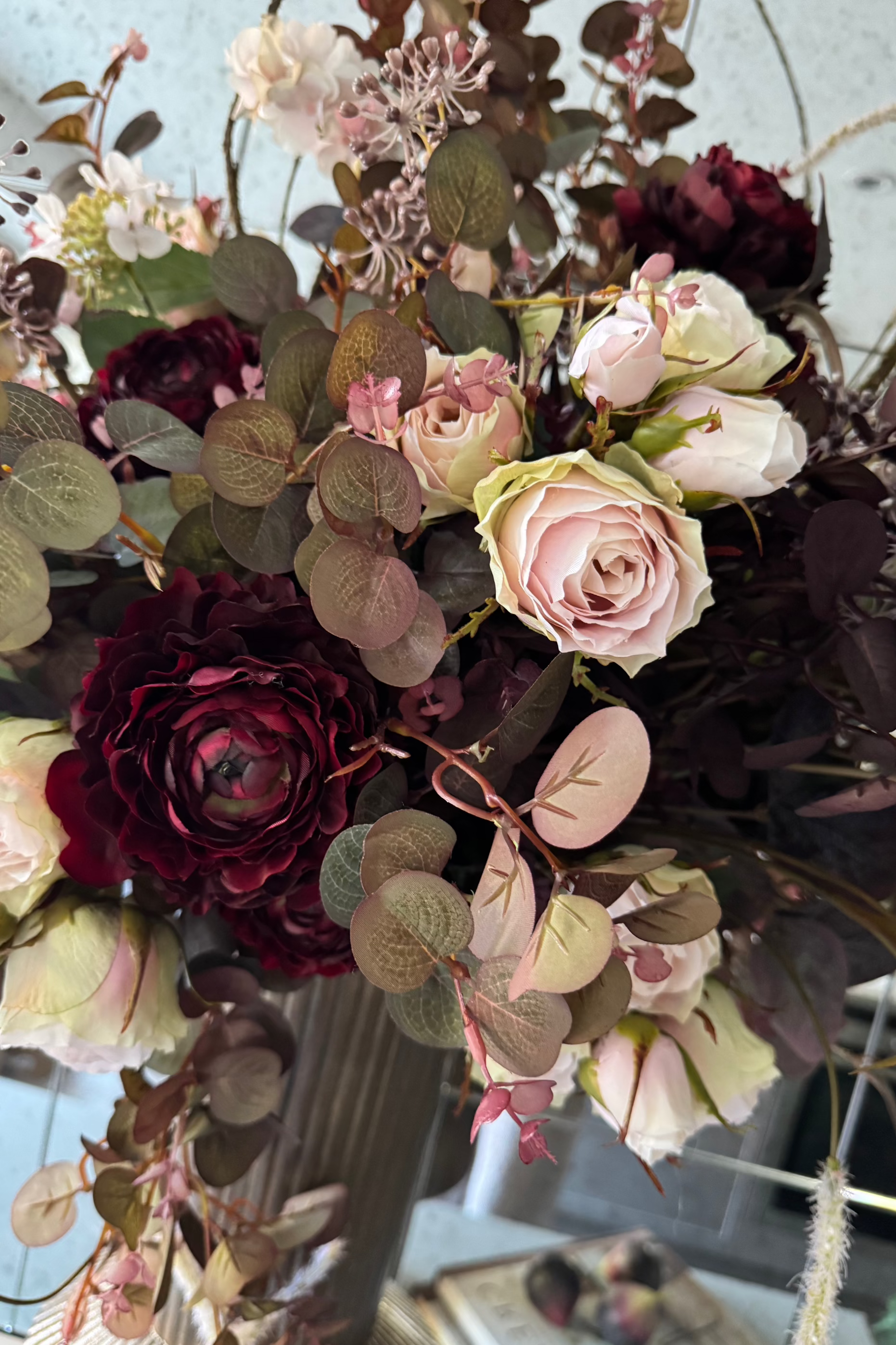 Eucalyptus, Rose and Ranunculus in a Ribbed Gold Metal Vase RTfact Flowers 