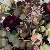 Eucalyptus, Rose and Ranunculus in a Ribbed Gold Metal Vase RTfact Flowers 