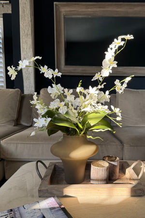 Dancing Orchids in a Smoky Olive Glass Vase