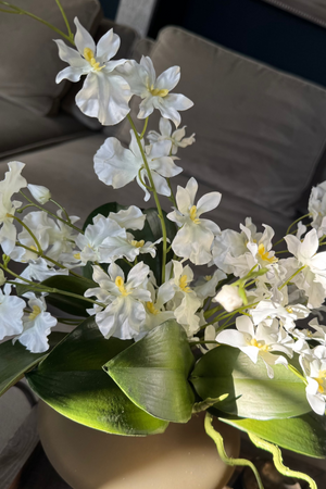 Dancing Orchids in a Smoky Olive Glass Vase