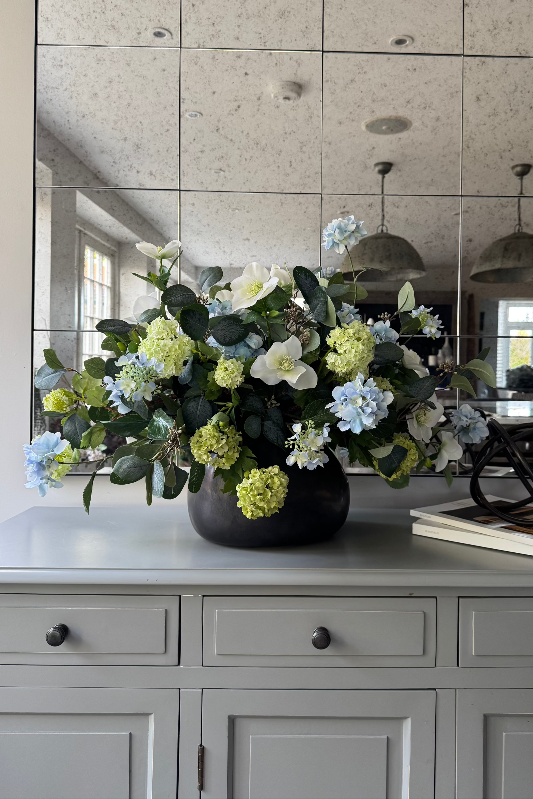 Hellebore, Hydrangea and Viburnum in a Charcoal Vase RTfact Flowers 