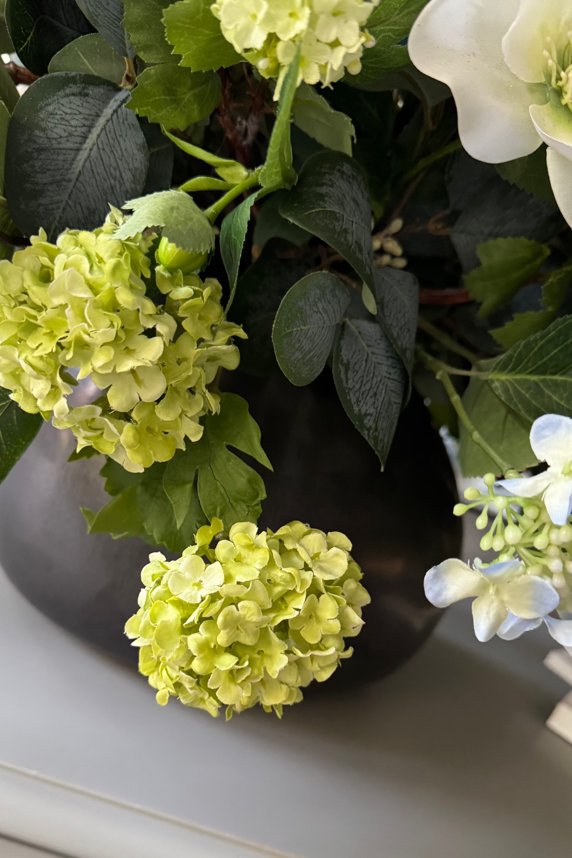 Hellebore, Hydrangea and Viburnum in a Charcoal Vase RTfact Flowers 