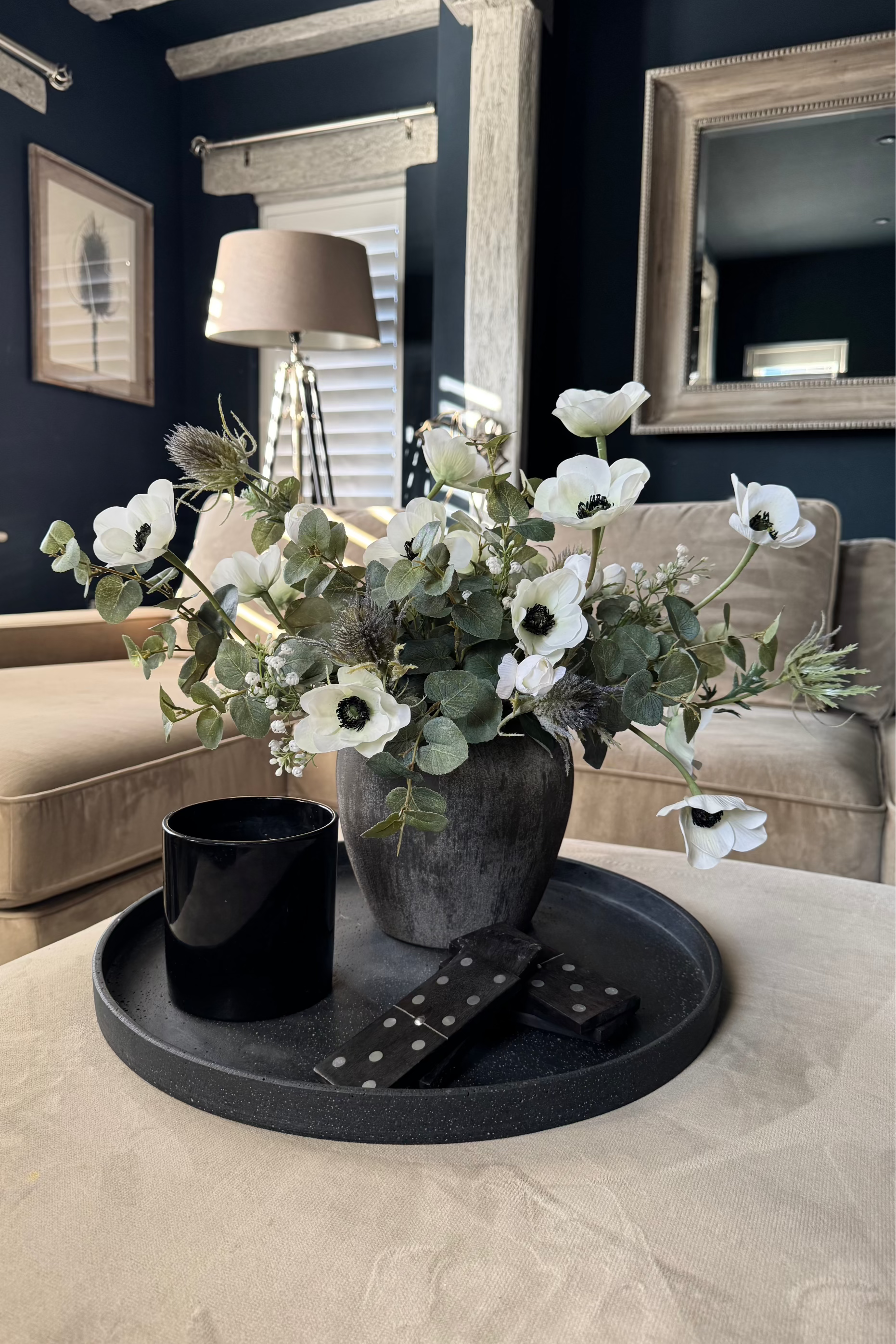 Anemone, Thistle and Gypsophila in a Dark Grey Terracotta pot RTfact Flowers 