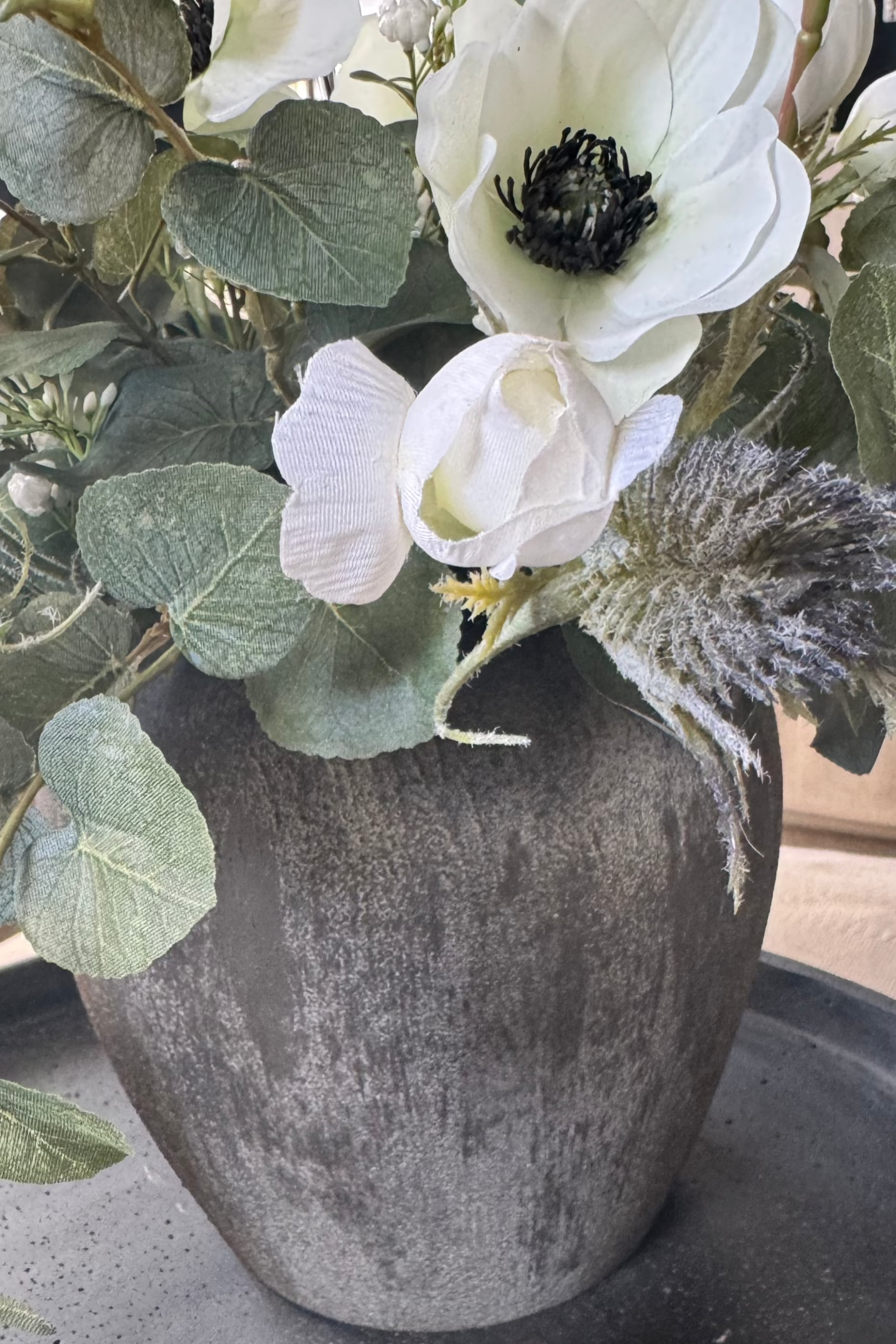 Anemone, Thistle and Gypsophila in a Dark Grey Terracotta pot RTfact Flowers 