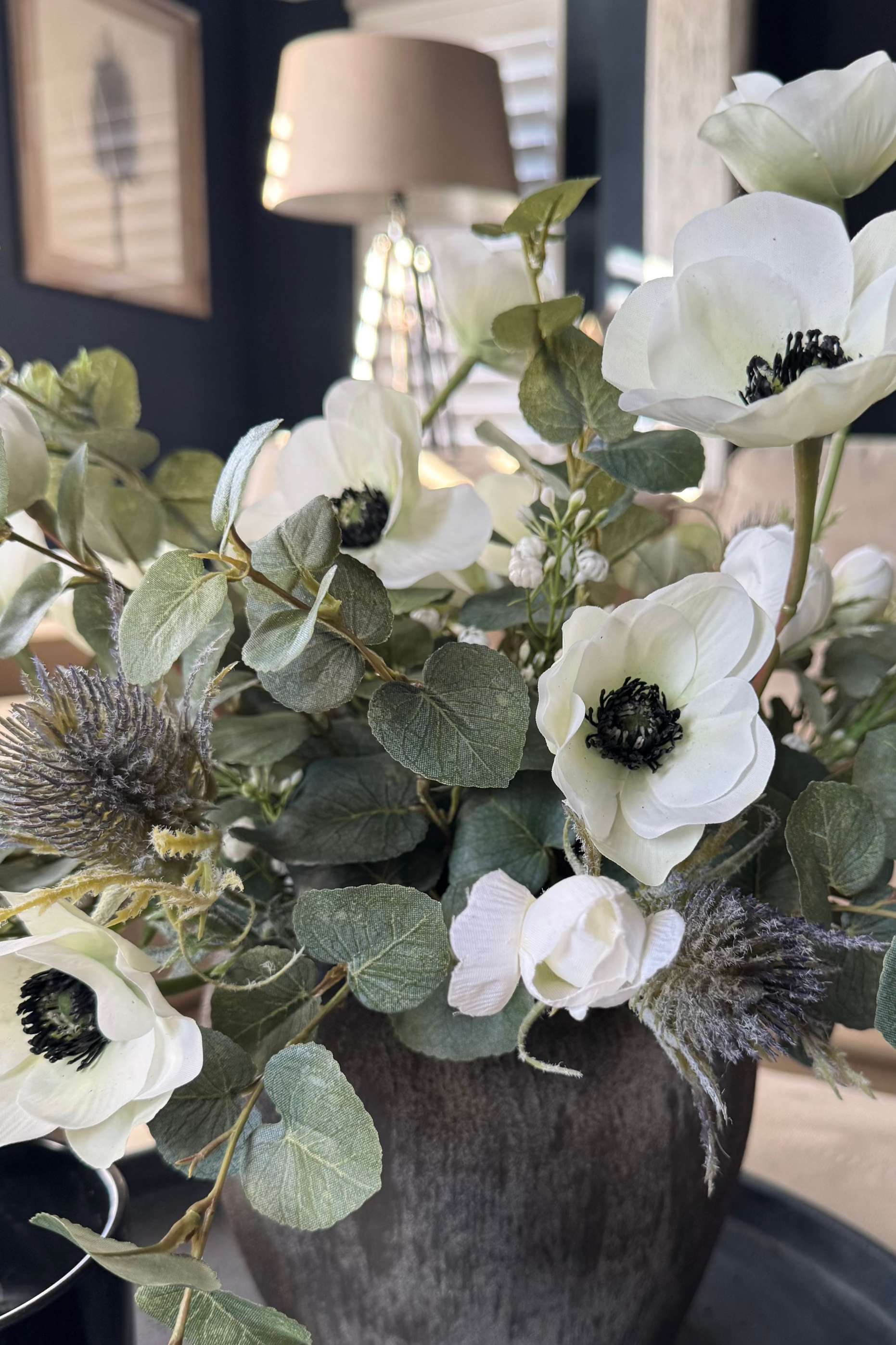 Anemone, Thistle and Gypsophila in a Dark Grey Terracotta pot RTfact Flowers 