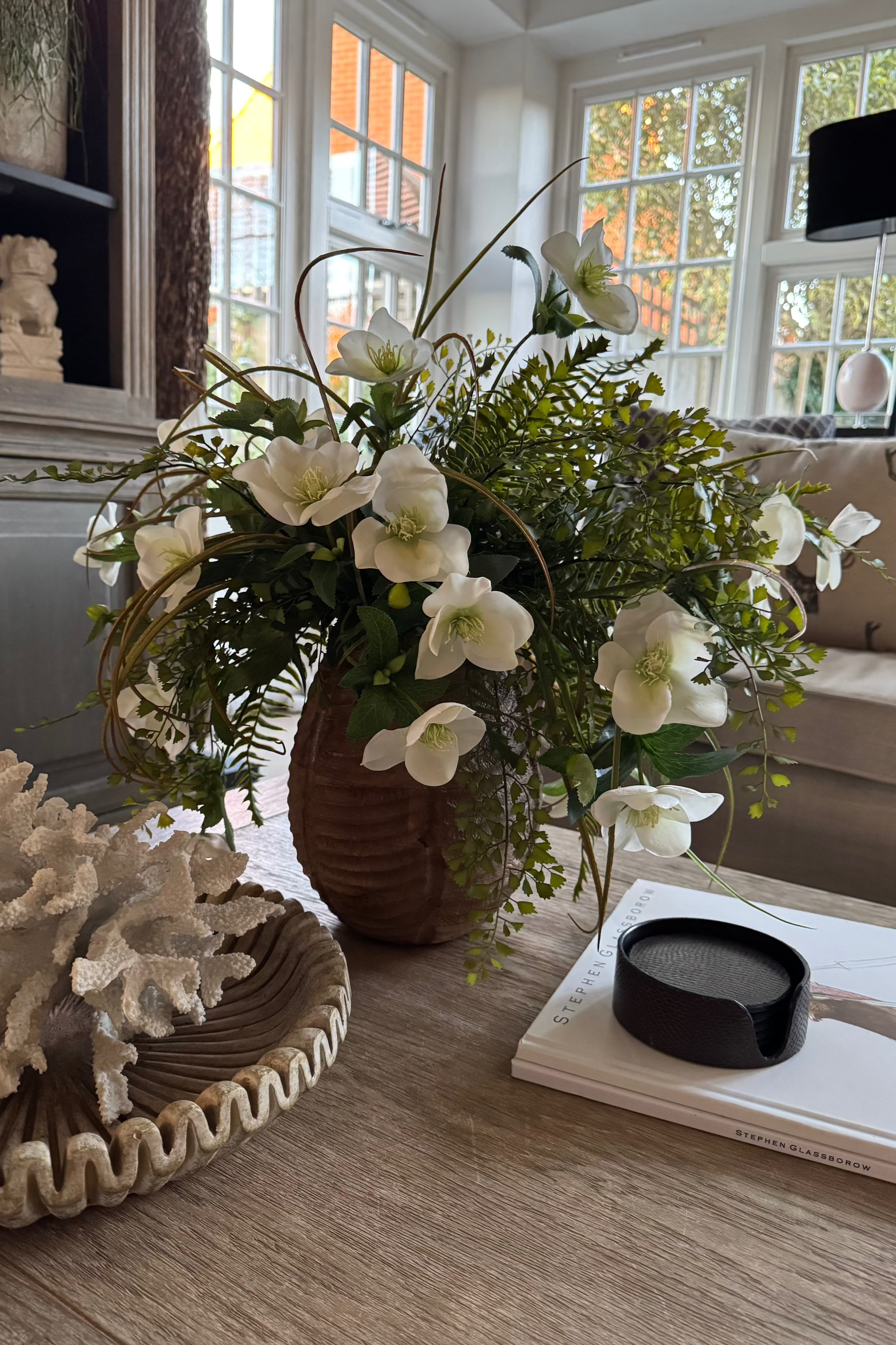 Hellebore, Fern and Tillandsia Grass in a Ribbed Wooden Vase RTfact Flowers 