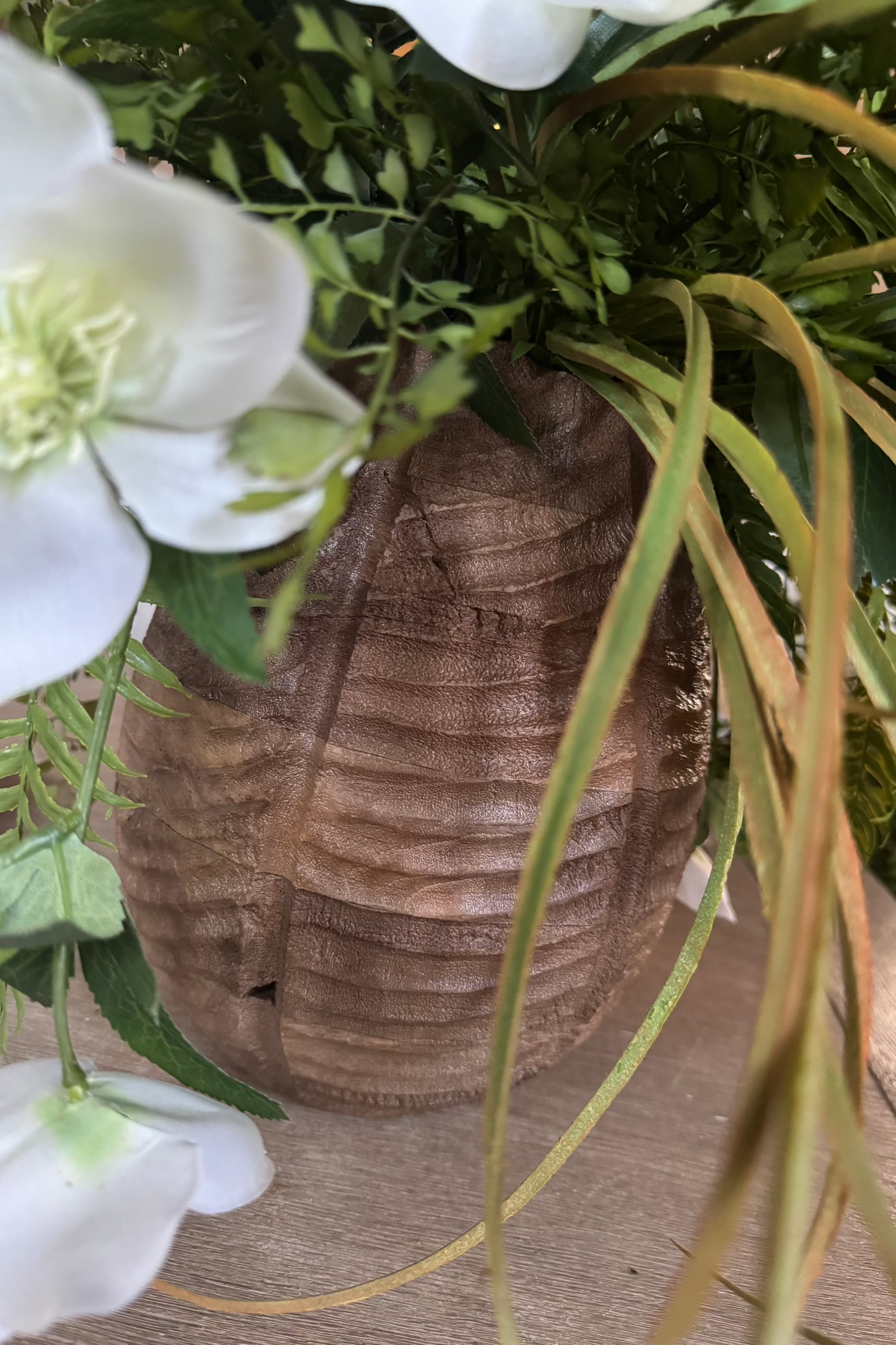 Hellebore, Fern and Tillandsia Grass in a Ribbed Wooden Vase RTfact Flowers 