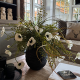Anemone, Fern and Tillandsia Grass in a Black Ribbed Wooden Vase RTfact Flowers 