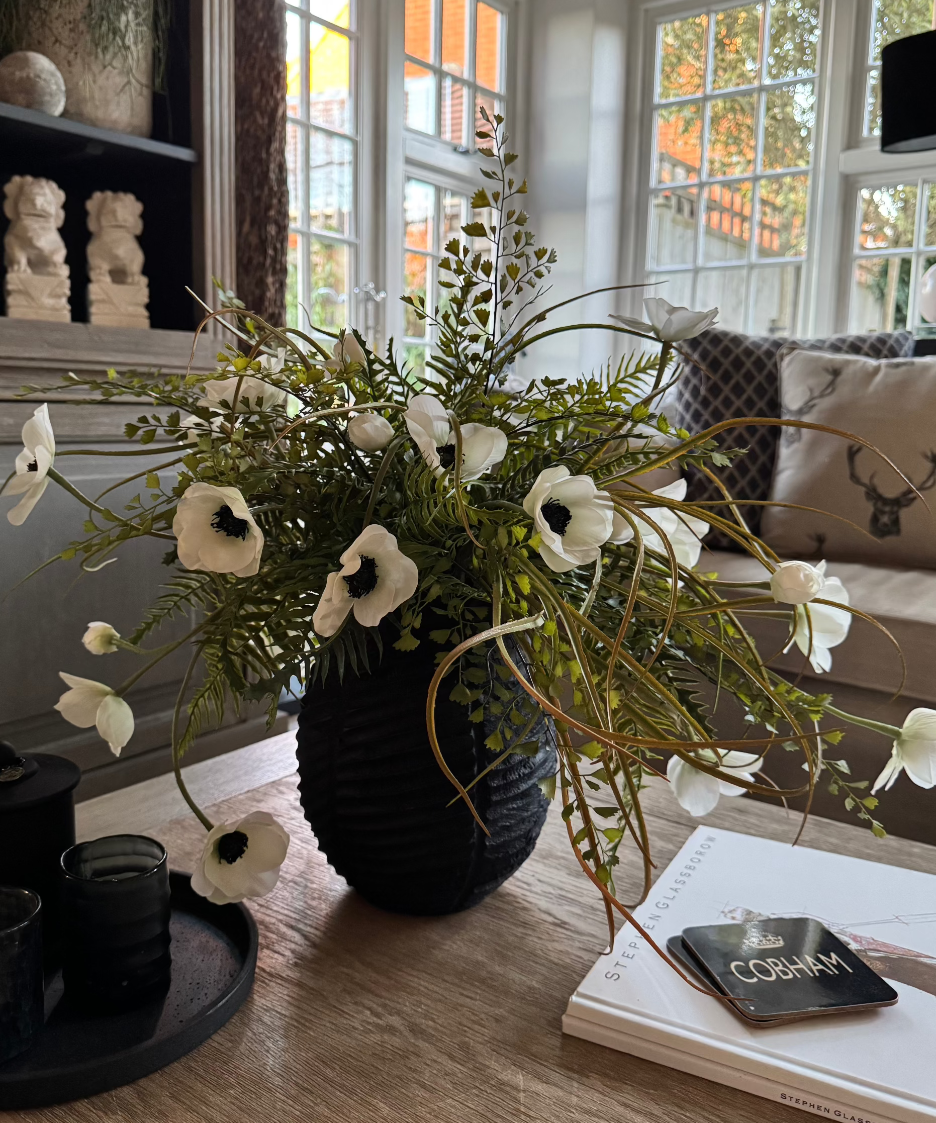 Anemone, Fern and Tillandsia Grass in a Black Ribbed Wooden Vase RTfact Flowers 
