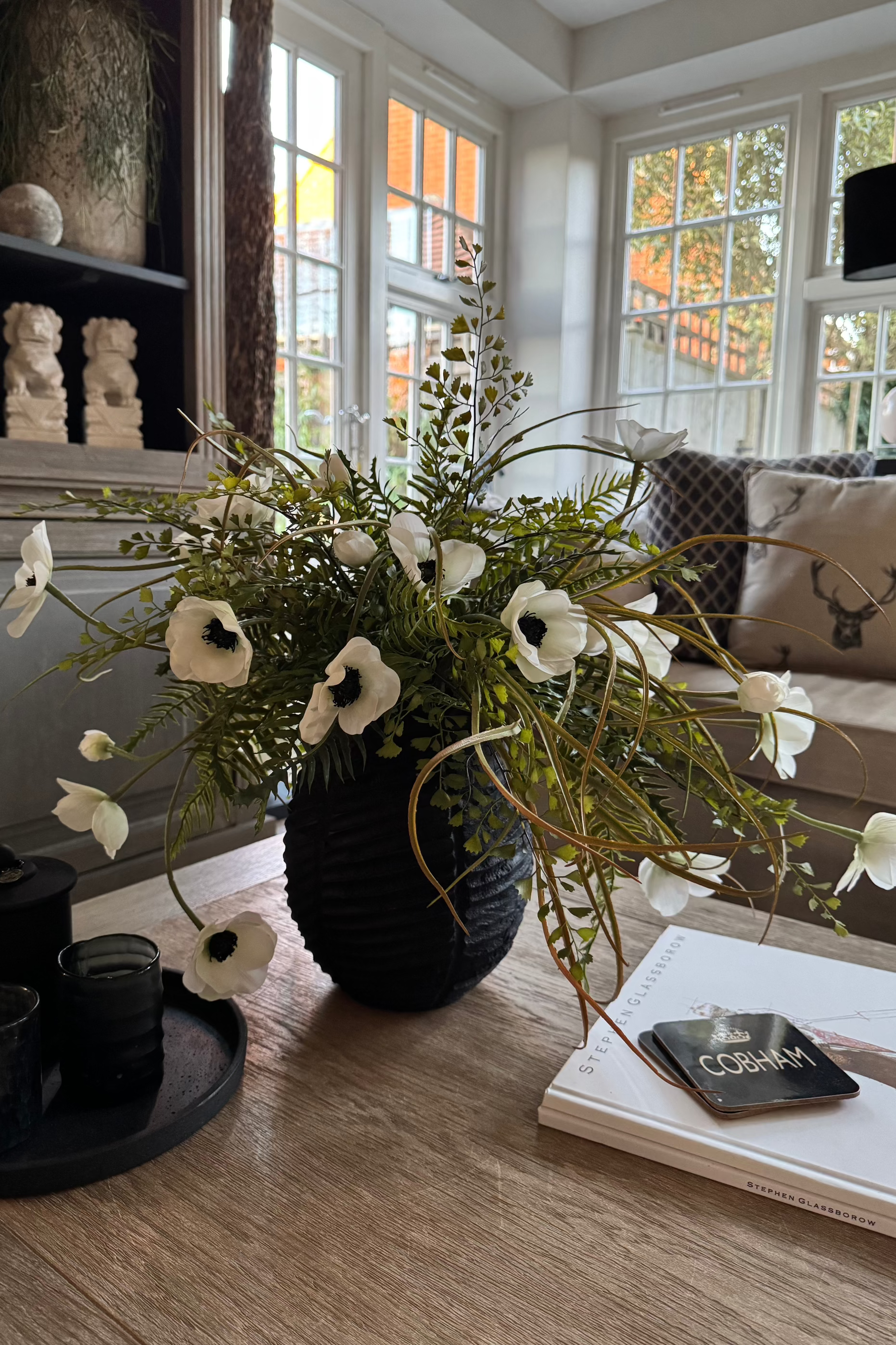 Anemone, Fern and Tillandsia Grass in a Black Ribbed Wooden Vase RTfact Flowers 