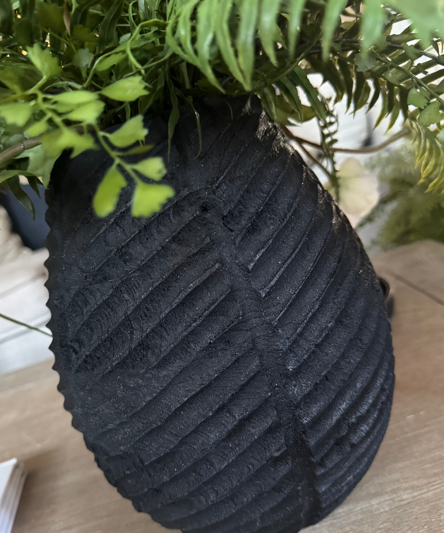 Anemone, Fern and Tillandsia Grass in a Black Ribbed Wooden Vase RTfact Flowers 