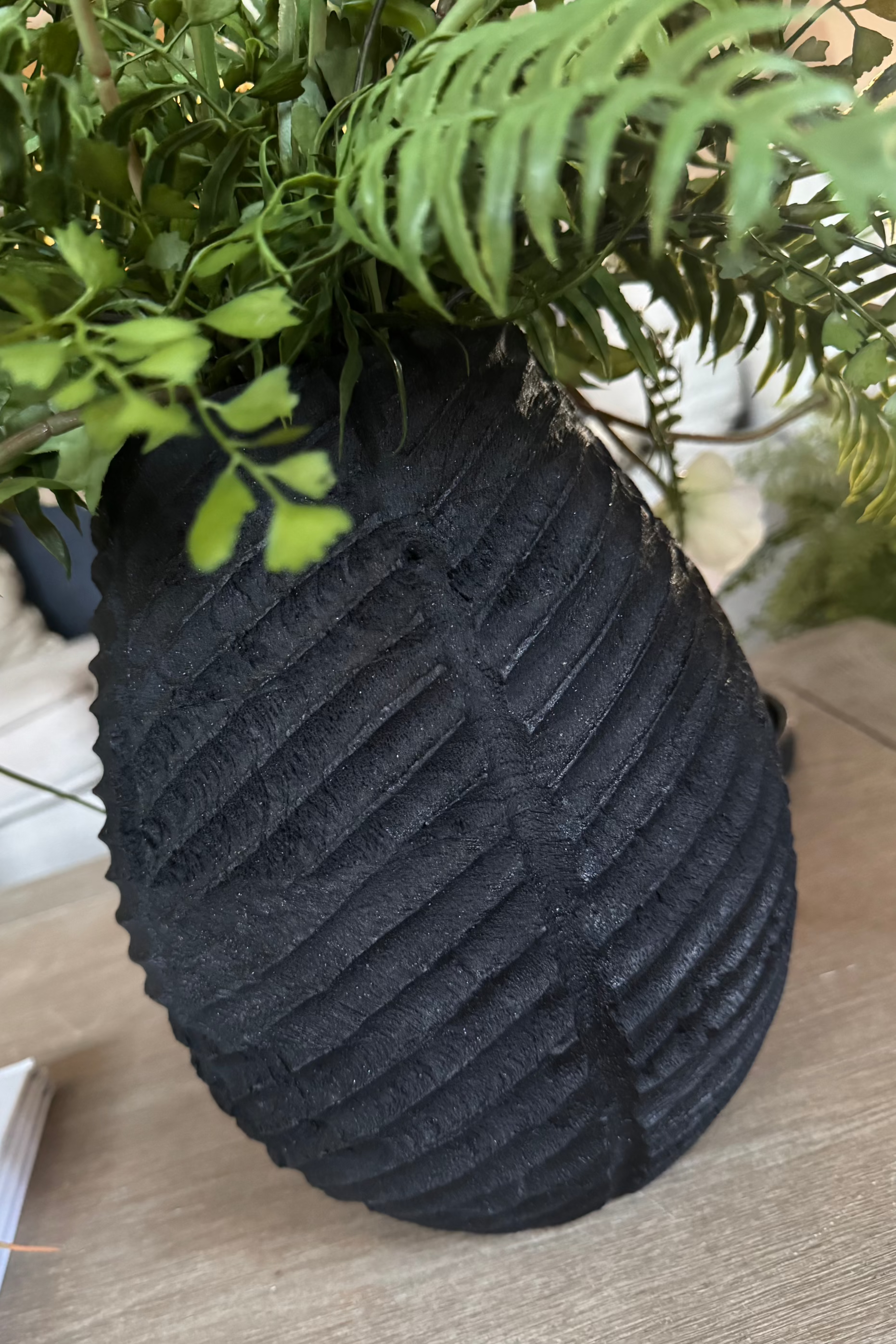 Anemone, Fern and Tillandsia Grass in a Black Ribbed Wooden Vase RTfact Flowers 