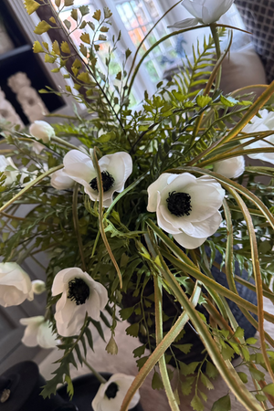 Anemone, Fern and Tillandsia Grass in a Black Ribbed Wooden Vase