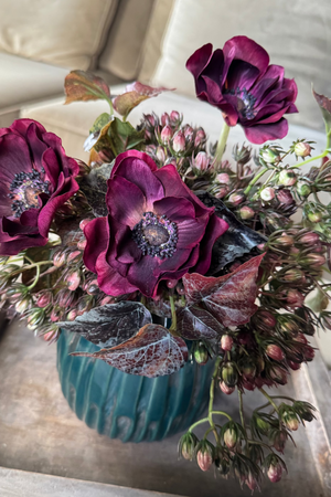 Anemone and Berries in a Teal Blue Vase