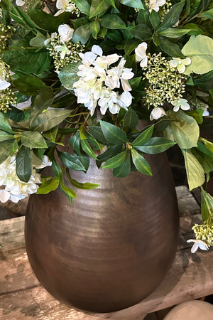 Bucida Stem, Hydrangea and Vibernum in a Stone Vase