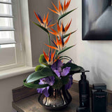 Tropical Birds of Paradise and Vanda Orchids in a Metallic Glass Vase (Small) RTfact Flowers 