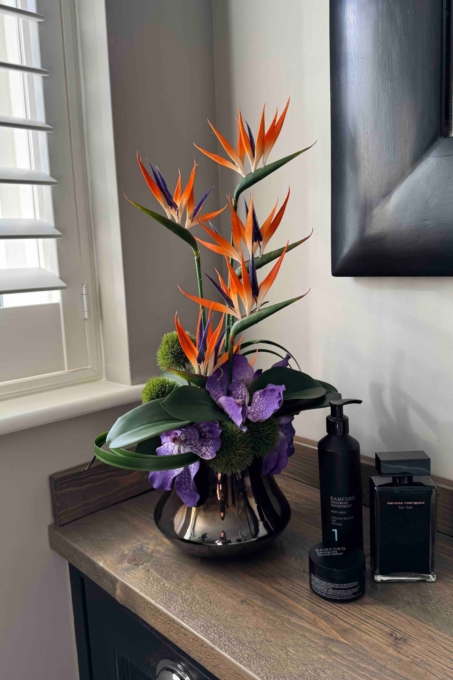 Tropical Birds of Paradise and Vanda Orchids in a Metallic Glass Vase (Small) RTfact Flowers 