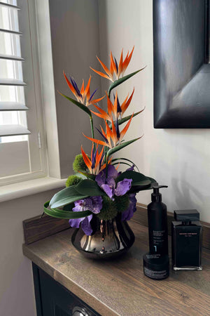 Tropical Birds of Paradise and Vanda Orchids in a Metallic Glass Vase (Small) RTfact Flowers 