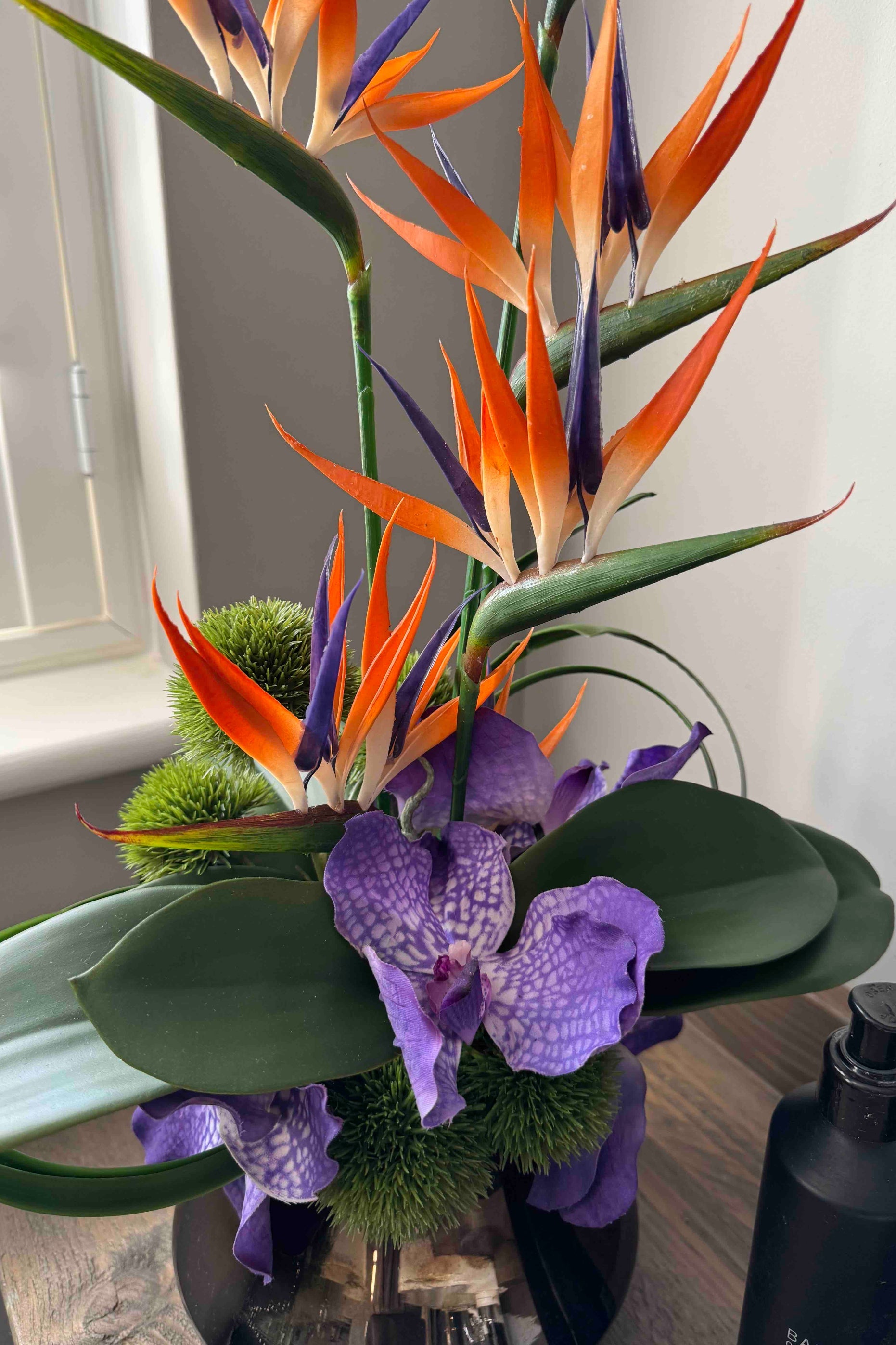 Tropical Birds of Paradise and Vanda Orchids in a Metallic Glass Vase (Small) RTfact Flowers 