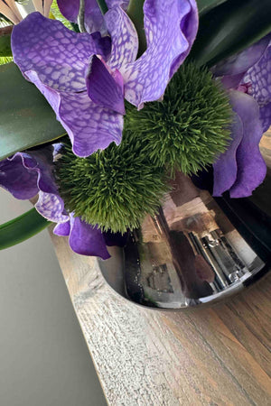 Tropical Birds of Paradise and Vanda Orchids in a Metallic Glass Vase (Small) RTfact Flowers 