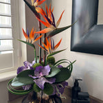 Faux Tropical Birds of Paradise and Vanda Orchids in a Metallic Glass Vase
