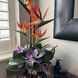 Faux Tropical Birds of Paradise and Vanda Orchids in a Metallic Glass Vase