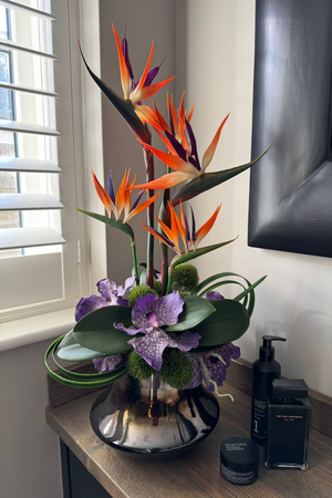 Tropical Birds of Paradise and Vanda Orchids in a Metallic Glass Vase (Large)