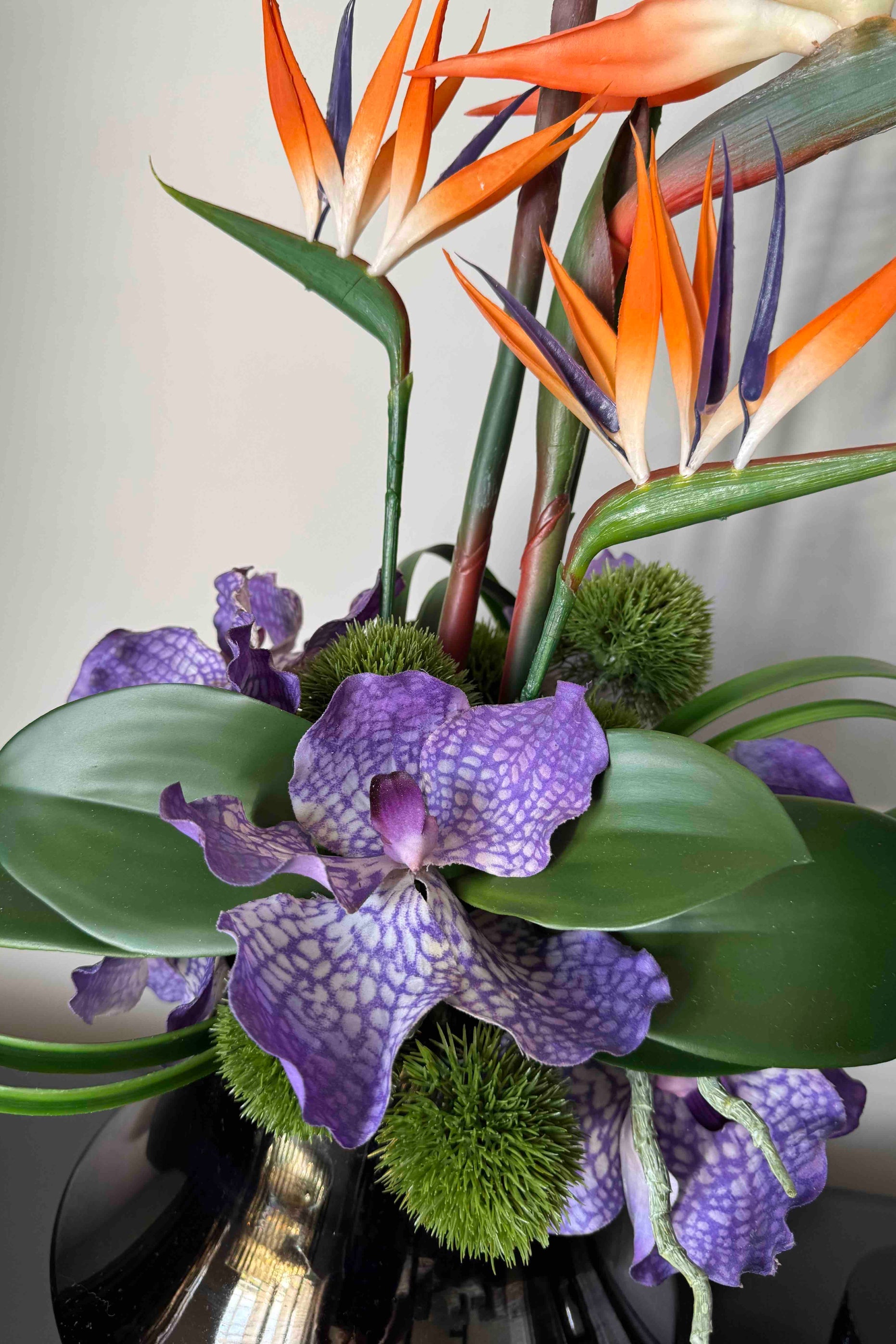 Tropical Birds of Paradise and Vanda Orchids in a Metallic Glass Vase (Large) RTfact Flowers 