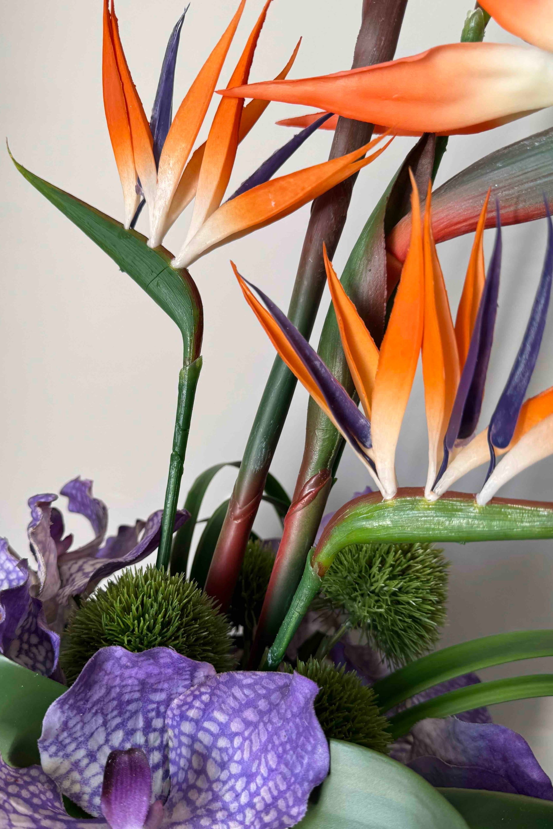 Tropical Birds of Paradise and Vanda Orchids in a Metallic Glass Vase (Large) RTfact Flowers 
