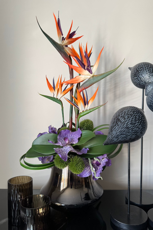 Tropical Birds of Paradise and Vanda Orchids in a Metallic Glass Vase (Large)