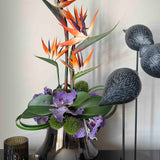 Tropical Birds of Paradise and Vanda Orchids in a Metallic Glass Vase (Large) RTfact Flowers 