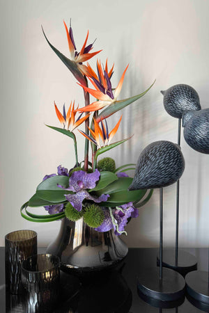 Tropical Birds of Paradise and Vanda Orchids in a Metallic Glass Vase (Large) RTfact Flowers 