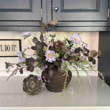 Scabiosa, Lavender and Eucalyptus in a Brown Stone Vase