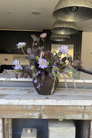 Scabiosa, Lavender and Eucalyptus in a Brown Stone Vase