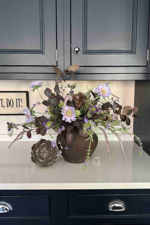 Scabiosa, Lavender and Eucalyptus in a Brown Stone Vase