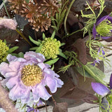 Scabiosa, Lavender and Eucalyptus in a Brown Stone Vase