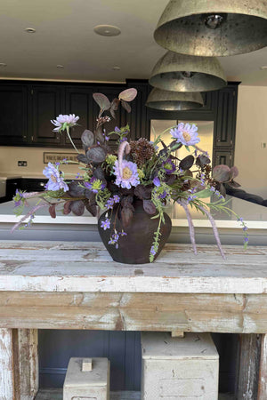 Scabiosa, Lavender and Eucalyptus in a Brown Stone Vase