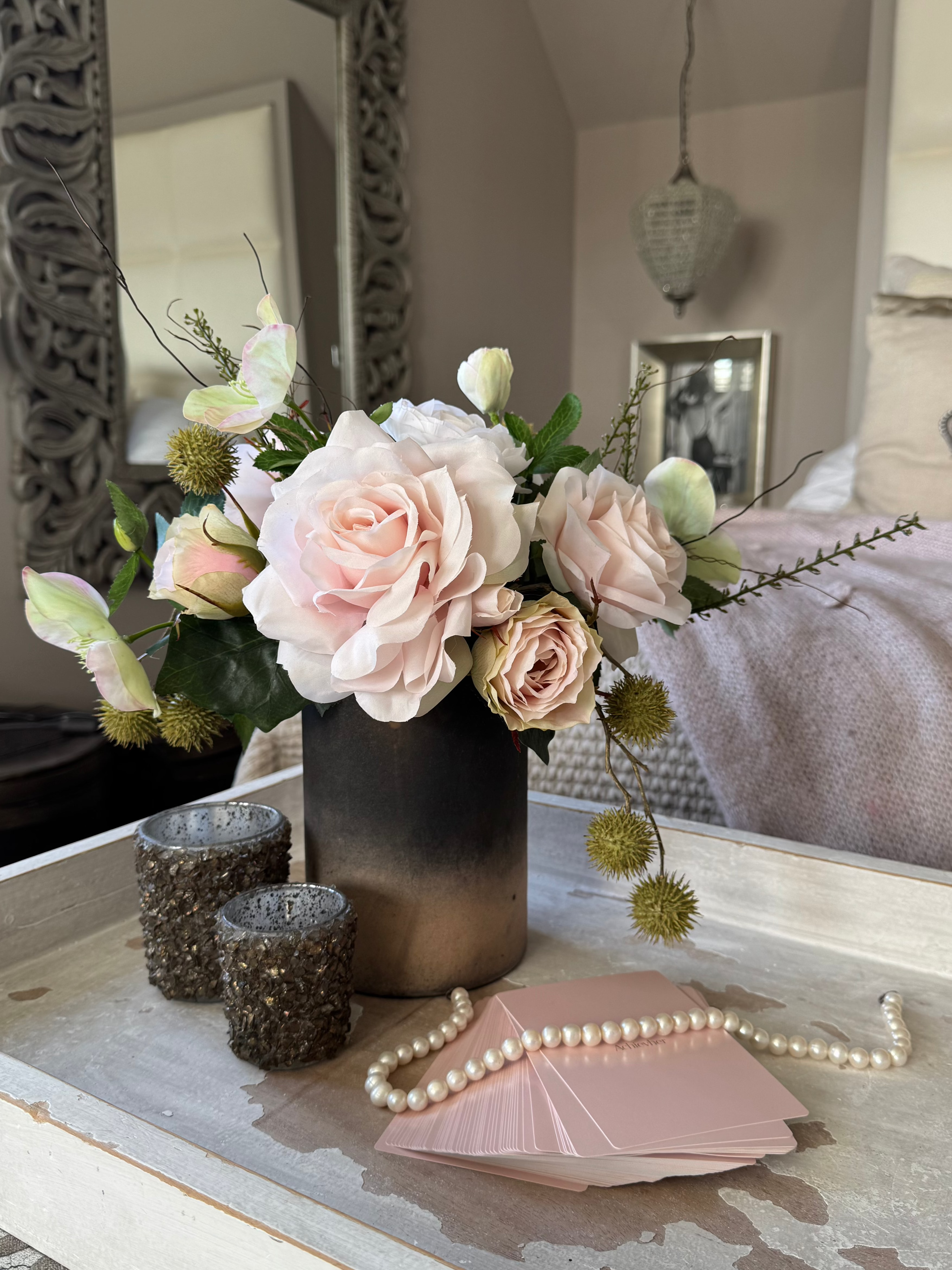 Roses and Hellebores in a Mottled Bronze Glass Vase (Pink) RTfact Flowers 