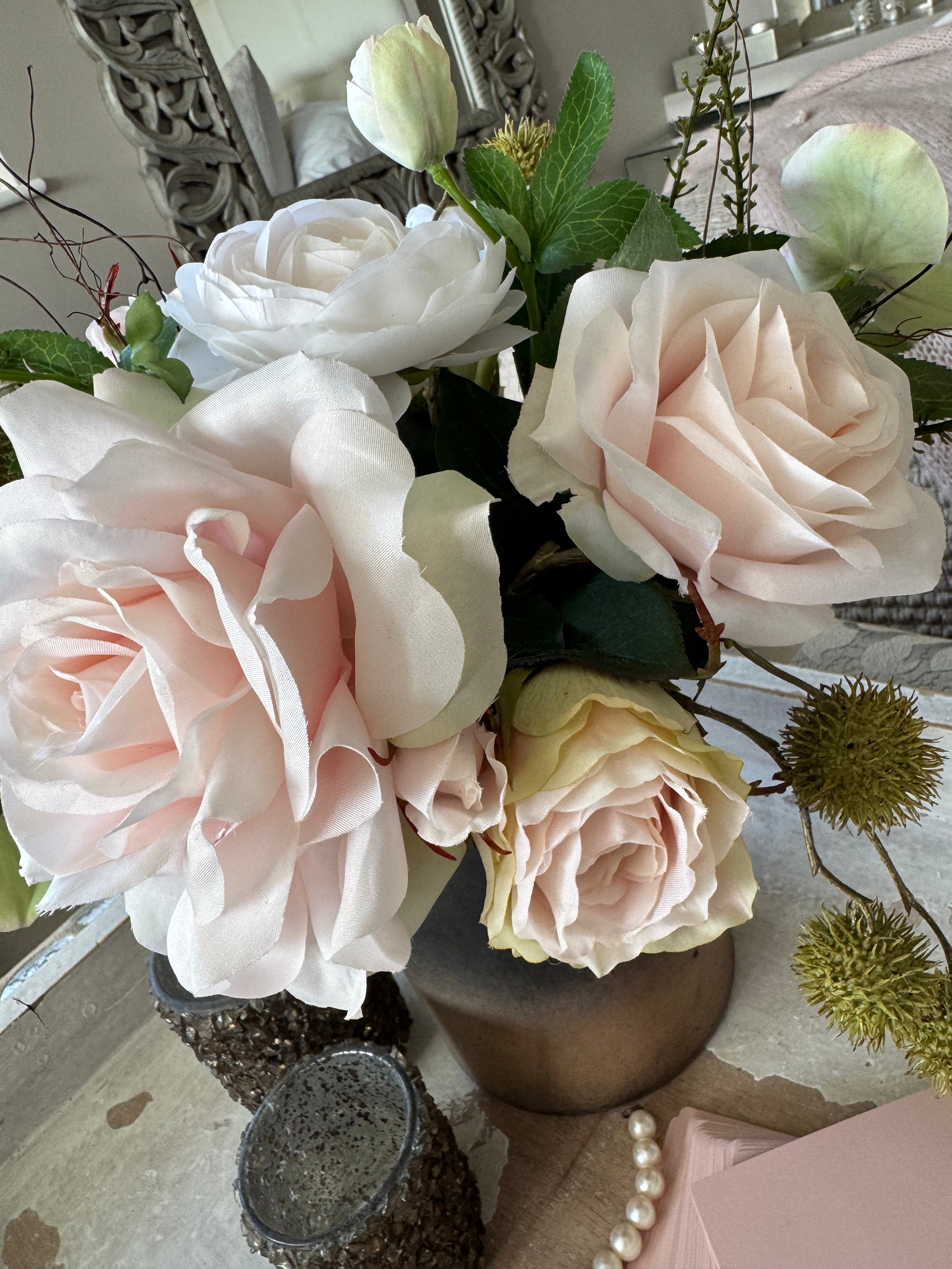 Roses and Hellebores in a Mottled Bronze Glass Vase (Pink) RTfact Flowers 