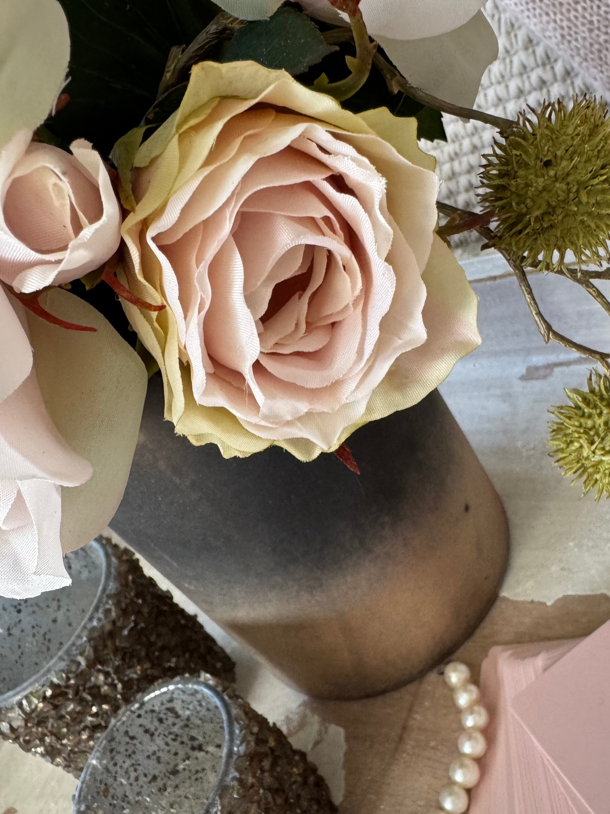 Roses and Hellebores in a Mottled Bronze Glass Vase (Pink) RTfact Flowers 