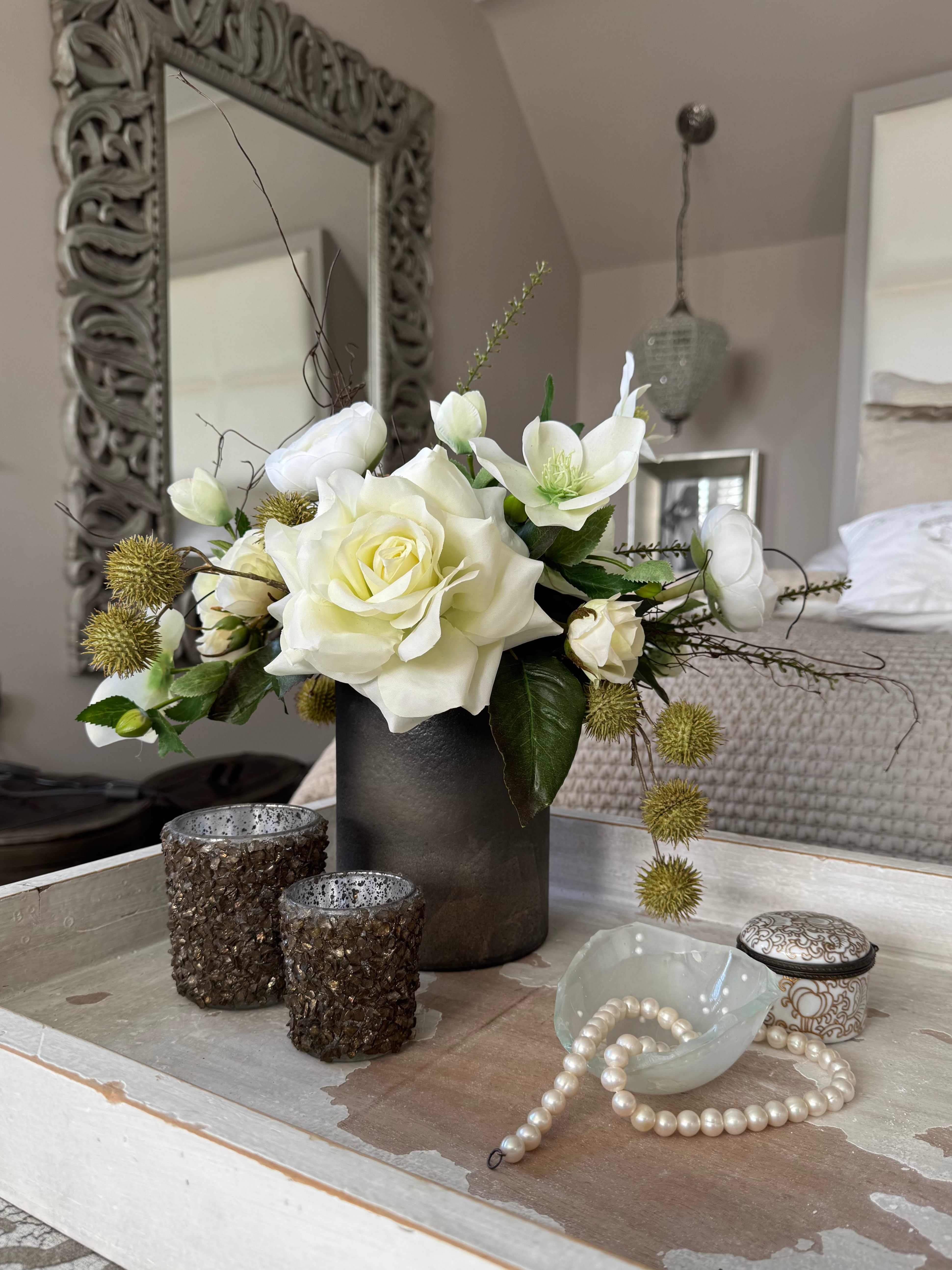 Roses and Hellebores in a Mottled Bronze Glass Vase (White) RTfact Flowers 