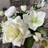 Roses and Hellebores in a Mottled Bronze Glass Vase (White) RTfact Flowers 