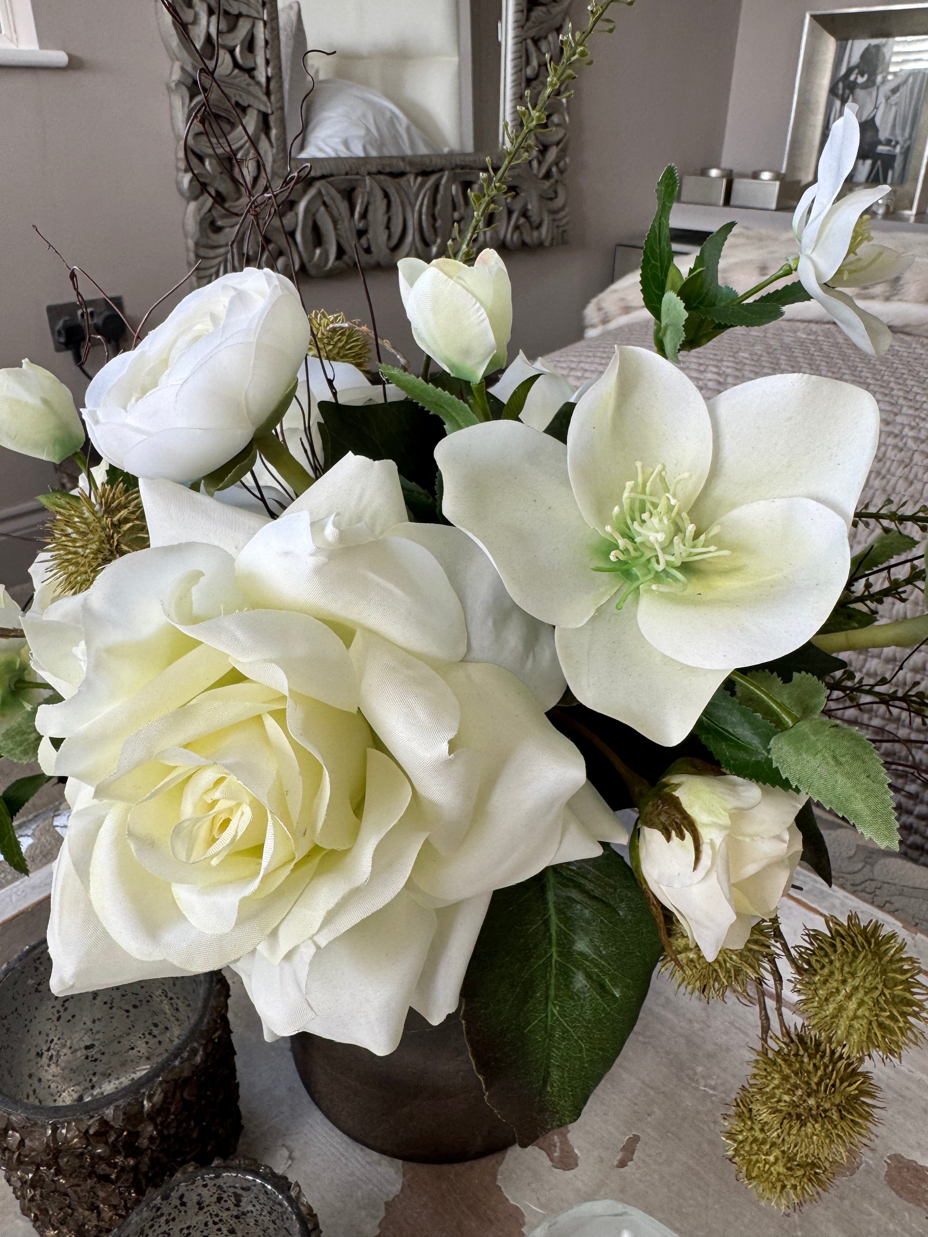 Roses and Hellebores in a Mottled Bronze Glass Vase (White) RTfact Flowers 