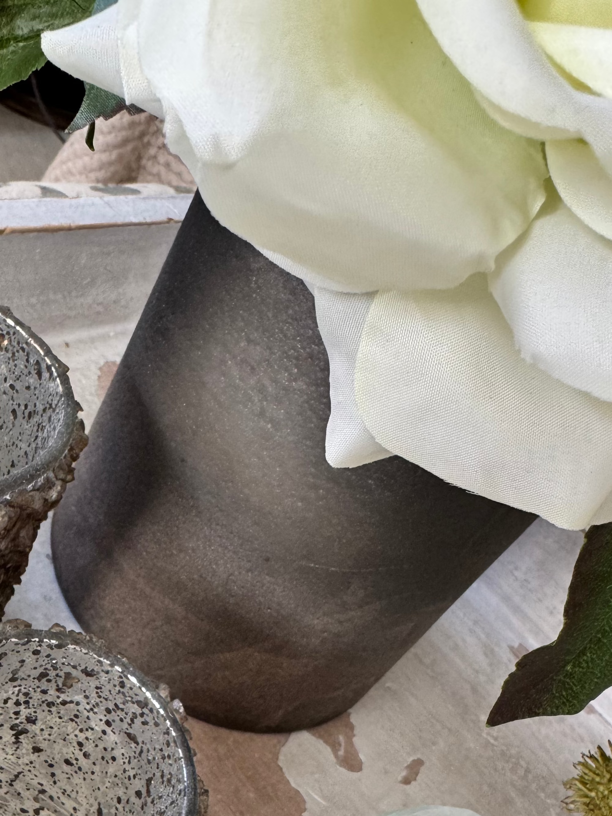 Roses and Hellebores in a Mottled Bronze Glass Vase (White) RTfact Flowers 