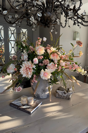 Dahlia, Bucida and Cattail Grass in a Stone Vase